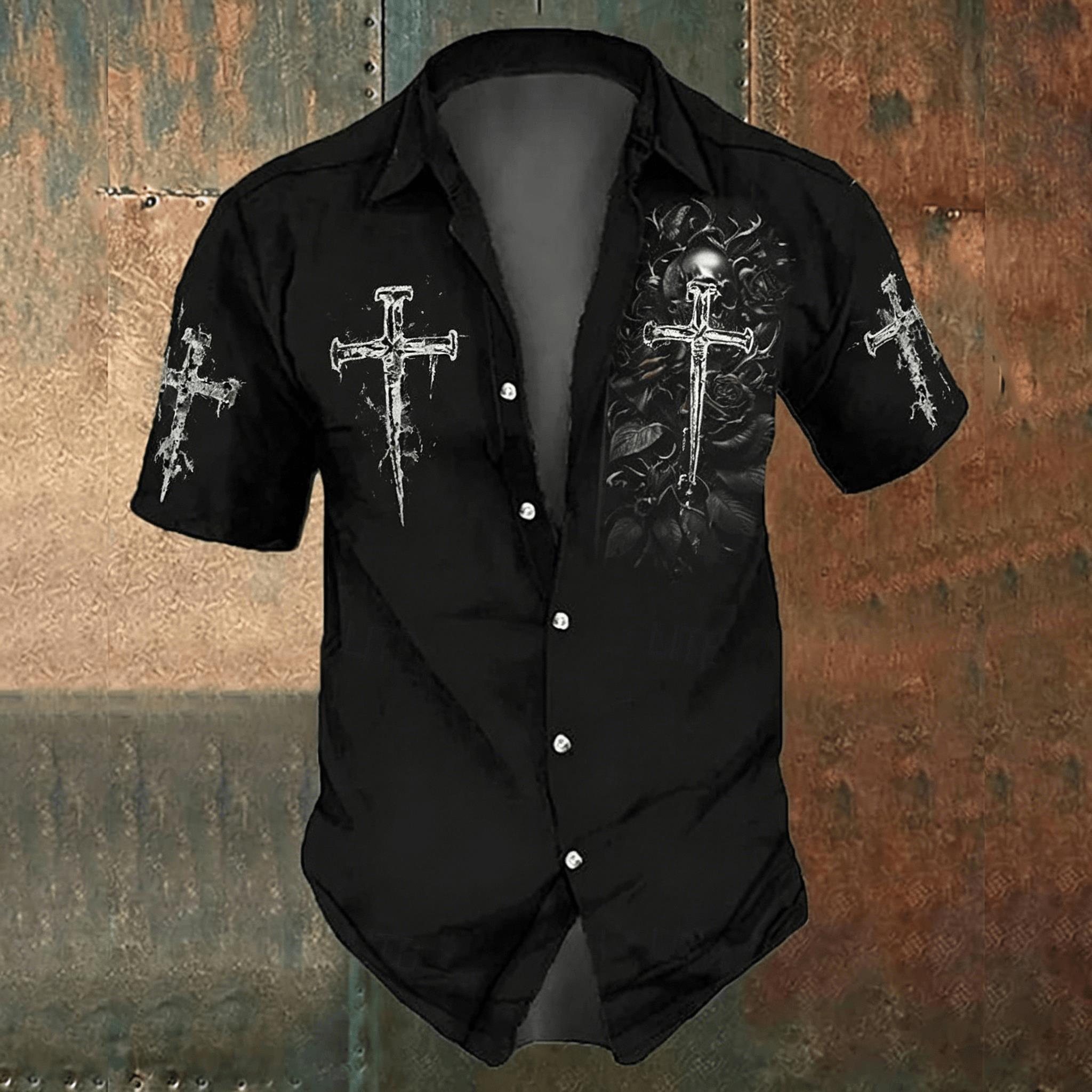 Men'S Gothic Formal Wear - Мужская черная повседневная рубашка с принтом